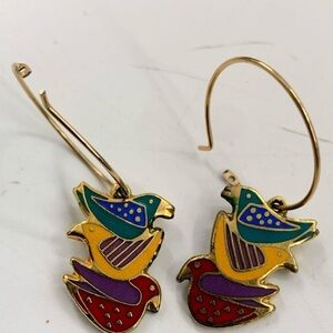 Colorful Bird Hoop Earrings - Vintage Laurel Burch Enamel on gold with wires